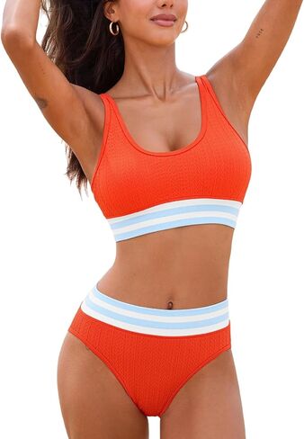 CUPSHE Women's Bikini Sets Scoop Neck Adjustable Straps High Waisted Bathing Suit Textured Color Block Sporty in Kuwait