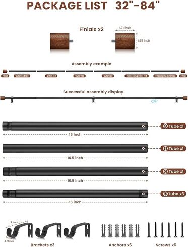 Wood Curtain Rods for Windows 32 to 84 Inch, 1 Inch Heavy Duty Adjustable Decorative Curtain Rod, Modern Farmhouse Drapery Rod for Bedroom, Patio and Living Room in Saudi Arabia