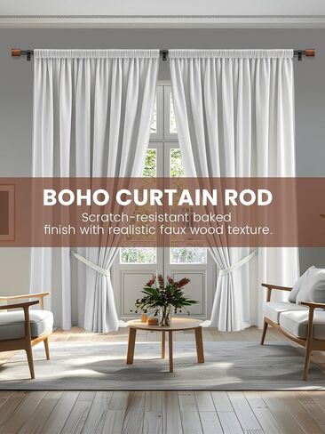 Wood Curtain Rods for Windows 32 to 84 Inch, 1 Inch Heavy Duty Adjustable Decorative Curtain Rod, Modern Farmhouse Drapery Rod for Bedroom, Patio and Living Room in Saudi Arabia