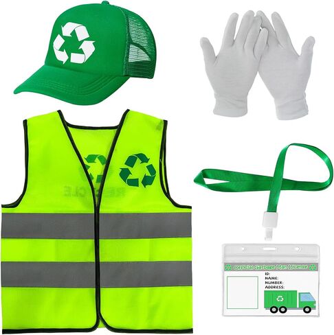 7Pcs Garbage Man Costume Set Adult Halloween Waste Management Recycling Waste with Vest Hat Gloves Glasses Socks Necklace Green in Saudi Arabia