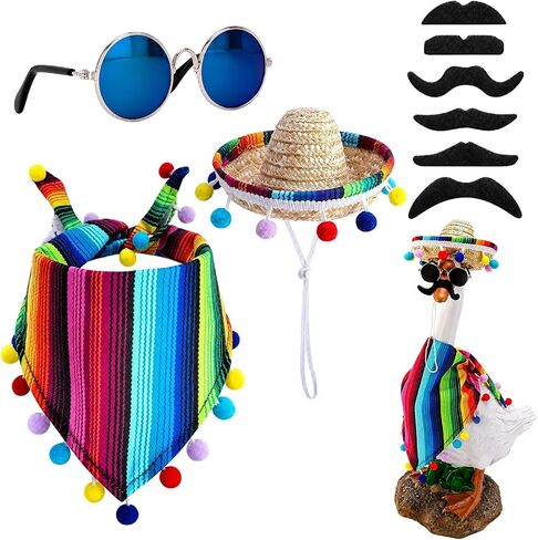 9-Piece Mexican Porch Goose Outfits, 23"/ 17" Lawn Goose Statue Clothes Costume for Cinco De Mayo, Garden Goose Clothes Mexican Sombrero with Bandana Scarf Beard Glasses for Patio Yard Decoration in Saudi Arabia