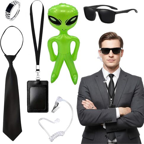 Agent Costume Black Men Secret Service Outfit Cosplay Costume Hat Tie Sunglasses Ring Card Case for World Book Day Halloween in Saudi Arabia
