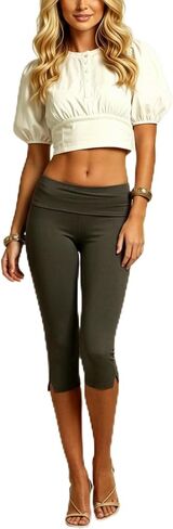 Women Capri Pants Low Rise Fold Over Capri Leggings Split Hem Dressy Cropped Pants Y2k Going Out in Kuwait