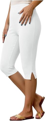 Womens Capri Leggings High Waisted Knee Length Pants with Side Slit Hem Stretch Summer Casual Bottoms in Saudi Arabia