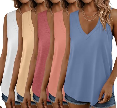 Bliwov 5 Pack Womens Tank Tops Casual Summer Vacation Outfits V Neck Sleeveless Shirts Loose Fit 2026 Fashion Tees Clothes in Kuwait