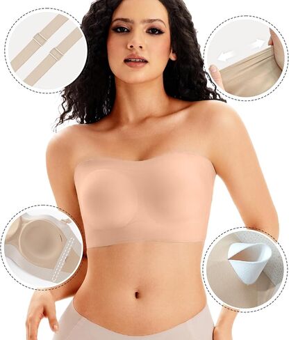 Strapless Bras for Women Wireless Padded Bandeau Bra Jelly Seamless No Underwire Non-Slip Invisible Bralette in Saudi Arabia