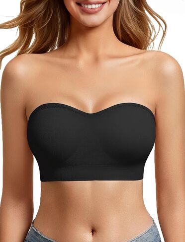 Strapless Bras for Women Non-Slip Bandeau Bra Push Up Invisible Bralettes Seamless Wireless No Underwire Padded Tube Top Bra Black M in Kuwait