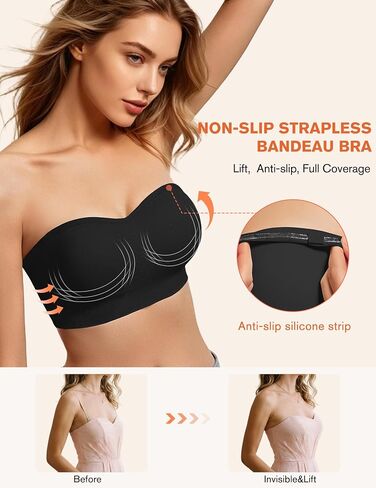Strapless Bras for Women Non-Slip Bandeau Bra Push Up Invisible Bralettes Seamless Wireless No Underwire Padded Tube Top Bra Black M in Kuwait