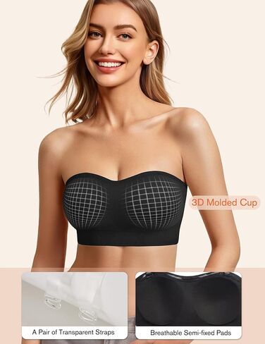 Strapless Bras for Women Non-Slip Bandeau Bra Push Up Invisible Bralettes Seamless Wireless No Underwire Padded Tube Top Bra Black M in Kuwait