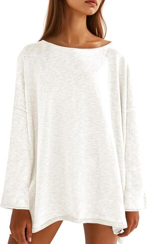 Tankaneo Womens Long Sleeve Shirts Oversized Lightweight Sweaters Crewneck Side Slit Hem Casual Blouse Tunic Tops in Kuwait