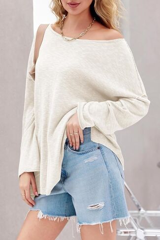 Tankaneo Womens Long Sleeve Shirts Oversized Lightweight Sweaters Crewneck Side Slit Hem Casual Blouse Tunic Tops in Kuwait