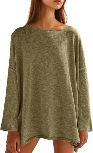 Tankaneo Womens Long Sleeve Shirts Oversized Lightweight Sweaters Crewneck Side Slit Hem Casual Blouse Tunic Tops in Kuwait
