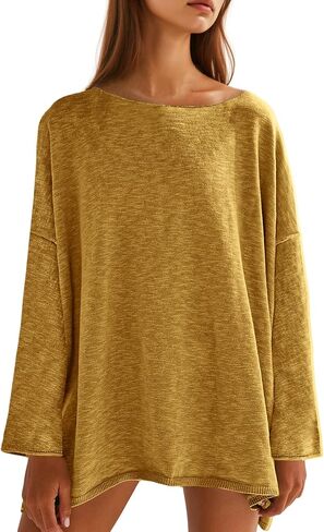 Tankaneo Womens Long Sleeve Shirts Oversized Lightweight Sweaters Crewneck Side Slit Hem Casual Blouse Tunic Tops in Kuwait