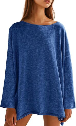Tankaneo Womens Long Sleeve Shirts Oversized Lightweight Sweaters Crewneck Side Slit Hem Casual Blouse Tunic Tops in Kuwait