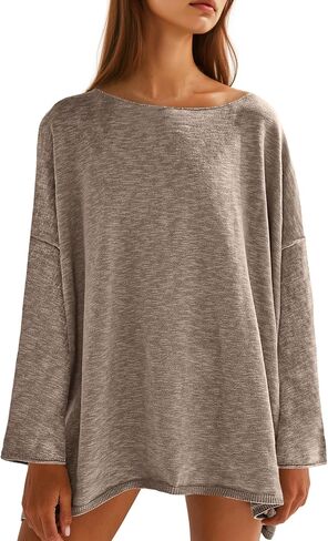 Tankaneo Womens Long Sleeve Shirts Oversized Lightweight Sweaters Crewneck Side Slit Hem Casual Blouse Tunic Tops in Kuwait