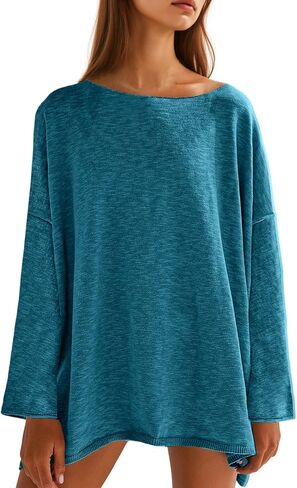Tankaneo Womens Long Sleeve Shirts Oversized Lightweight Sweaters Crewneck Side Slit Hem Casual Blouse Tunic Tops in Kuwait