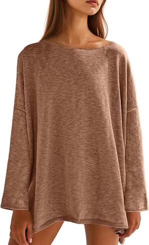 Tankaneo Womens Long Sleeve Shirts Oversized Lightweight Sweaters Crewneck Side Slit Hem Casual Blouse Tunic Tops in Kuwait