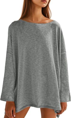 Tankaneo Womens Long Sleeve Shirts Oversized Lightweight Sweaters Crewneck Side Slit Hem Casual Blouse Tunic Tops in Kuwait