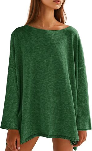 Tankaneo Womens Long Sleeve Shirts Oversized Lightweight Sweaters Crewneck Side Slit Hem Casual Blouse Tunic Tops in Kuwait
