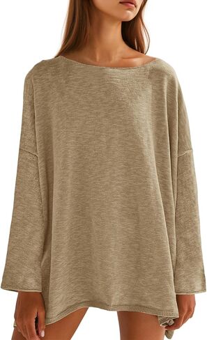 Tankaneo Womens Long Sleeve Shirts Oversized Lightweight Sweaters Crewneck Side Slit Hem Casual Blouse Tunic Tops in Kuwait