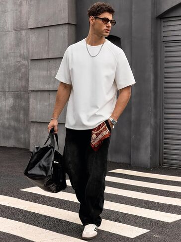Men's Oversize T-Shirt Heavyweight Cotton Blend Stretch Thick Summer Short Sleeve Raglan Shirt (S-XXL) in Kuwait