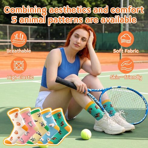 5 Pairs Cute Animal Crew Socks for Women - Soft Cotton Novelty Socks, Breathable Colorful Casual Socks for Ladies Girls, US 5.5-9.5 in Saudi Arabia