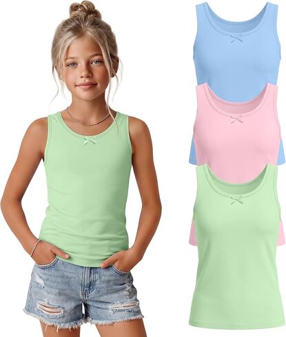 3 Pack Girls' Tank Tops Fitted Crew Neck Sleeveless Undershirts Kids Summer Casual Basic Athletic Shirts 5-14 Years in Kuwait