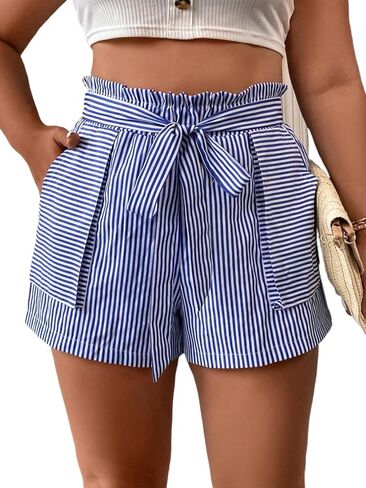 Women's Drawstring Elastic Waist Striped Shorts Ruffle Flowy Shorts with Slant Pocket Summer Casual Track Shorts in Saudi Arabia