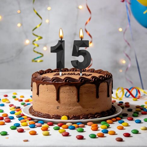 15th Black Birthday Candles, 1.96 Inch Number 15 Cake Candles, 3D Diamond Shape Cake Topper Decorations for Boy Girl Women Men Birthday Party Wedding Anniversary Celebration Supplies in Saudi Arabia