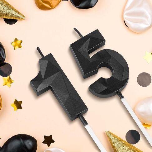 15th Black Birthday Candles, 1.96 Inch Number 15 Cake Candles, 3D Diamond Shape Cake Topper Decorations for Boy Girl Women Men Birthday Party Wedding Anniversary Celebration Supplies in Saudi Arabia