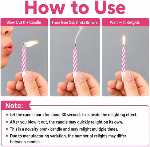 Magic Relighting Birthday Candles Trick Candles, Relight After Blow Out, Party Decorations, Gag Gift, 10 Pack (Pink & Red) in Kuwait