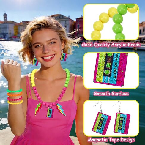 80s Accessories for Women, Neon Jewelry for Women Costume Outfits | Neon Accessories for Women, Retro 80's 90's Glow Halloween Party Costume, Lightning Beaded Necklace Earrings with Bracelets in Kuwait