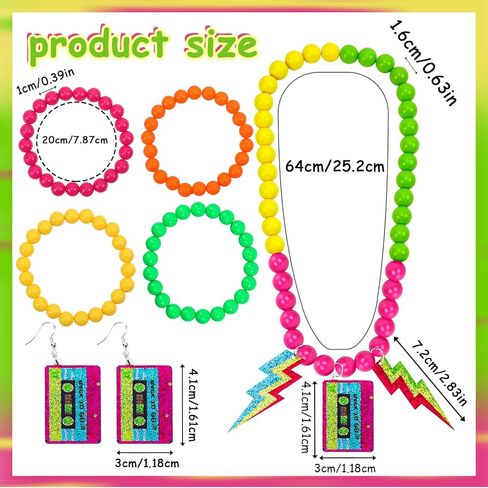 80s Accessories for Women, Neon Jewelry for Women Costume Outfits | Neon Accessories for Women, Retro 80's 90's Glow Halloween Party Costume, Lightning Beaded Necklace Earrings with Bracelets in Kuwait