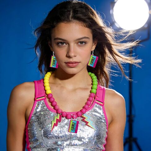 80s Accessories for Women, Neon Jewelry for Women Costume Outfits | Neon Accessories for Women, Retro 80's 90's Glow Halloween Party Costume, Lightning Beaded Necklace Earrings with Bracelets in Kuwait