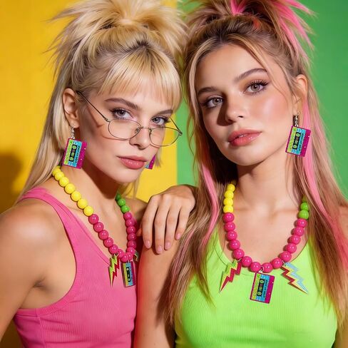 80s Accessories for Women, Neon Jewelry for Women Costume Outfits | Neon Accessories for Women, Retro 80's 90's Glow Halloween Party Costume, Lightning Beaded Necklace Earrings with Bracelets in Kuwait