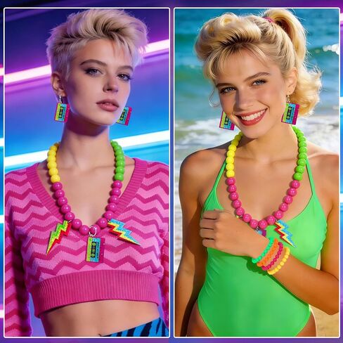 80s Accessories for Women, Neon Jewelry for Women Costume Outfits | Neon Accessories for Women, Retro 80's 90's Glow Halloween Party Costume, Lightning Beaded Necklace Earrings with Bracelets in Kuwait