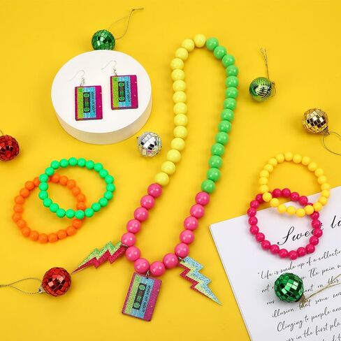 80s Accessories for Women, Neon Jewelry for Women Costume Outfits | Neon Accessories for Women, Retro 80's 90's Glow Halloween Party Costume, Lightning Beaded Necklace Earrings with Bracelets in Kuwait