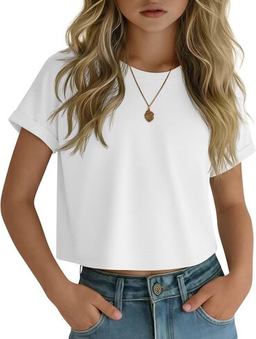 Girls Crop Top Short Sleeve Summer T Shirt Kids Crew Neck Causal Rolled Cuffs Athletic Teen Cute Shirt 5-14 Years in Kuwait