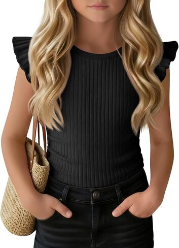 Girls' Ruffle Short Sleeve T-Shirts Crewneck Ribbed Knit Slim Fit Tank Tops Ruched Side Casual Summer Tee 5-14 Years in Kuwait