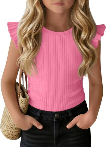 Girls' Ruffle Short Sleeve T-Shirts Crewneck Ribbed Knit Slim Fit Tank Tops Ruched Side Casual Summer Tee 5-14 Years in Kuwait