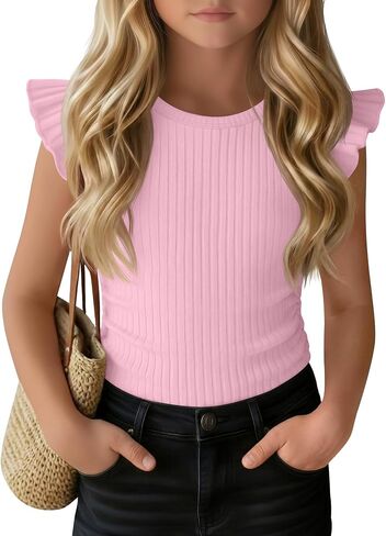 Girls' Ruffle Short Sleeve T-Shirts Crewneck Ribbed Knit Slim Fit Tank Tops Ruched Side Casual Summer Tee 5-14 Years in Kuwait