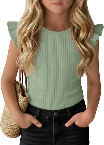 Girls' Ruffle Short Sleeve T-Shirts Crewneck Ribbed Knit Slim Fit Tank Tops Ruched Side Casual Summer Tee 5-14 Years in Kuwait