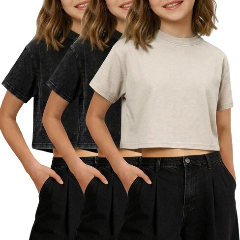 Gihuo Girls T Shirts Crop Acid Wash Top Short Sleeve Tee Cotton Summer Casual Tshirt in Kuwait