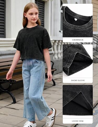 Gihuo Girls T Shirts Crop Acid Wash Top Short Sleeve Tee Cotton Summer Casual Tshirt in Kuwait