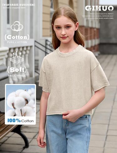 Gihuo Girls T Shirts Crop Acid Wash Top Short Sleeve Tee Cotton Summer Casual Tshirt in Kuwait