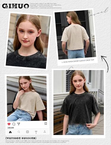 Gihuo Girls T Shirts Crop Acid Wash Top Short Sleeve Tee Cotton Summer Casual Tshirt in Kuwait