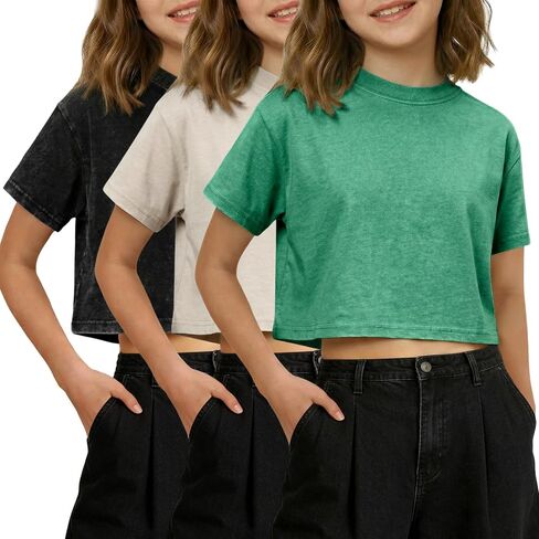Gihuo Girls T Shirts Crop Acid Wash Top Short Sleeve Tee Cotton Summer Casual Tshirt in Kuwait