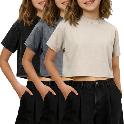 Gihuo Girls T Shirts Crop Acid Wash Top Short Sleeve Tee Cotton Summer Casual Tshirt in Kuwait