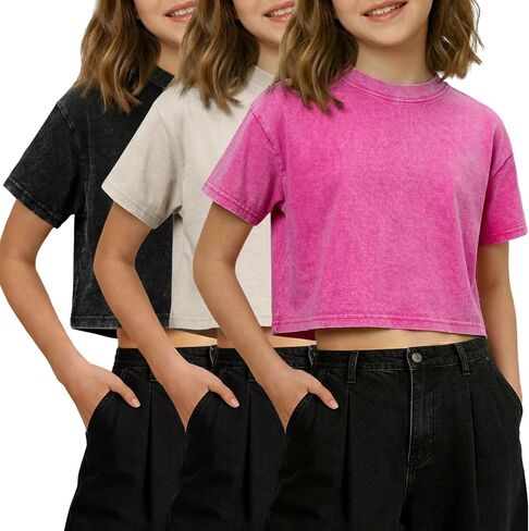 Gihuo Girls T Shirts Crop Acid Wash Top Short Sleeve Tee Cotton Summer Casual Tshirt in Kuwait
