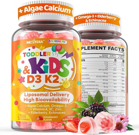 Toddler 2-3 & Kids Vitamin D3 K2 + Calcium Gummies, 1000 IU / 2000 IU D3, w/ DHA Omega-3, Magnesium, VC, Elderberry, Picky Eater Vitamin for Kids Teens, Bone, Calcium Absorption, Growth, Immune, Brain in Kuwait